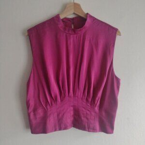 Banana Republic Muse Pleated Silk Top 12 BR Berry Pink Mock Neck Luxury Blouse